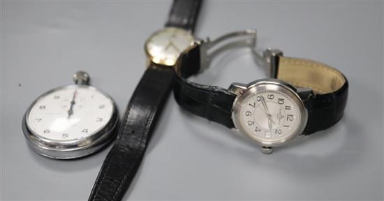 A gentlemans 1970s 9ct gold Tissot watch, a Baume & Mercier steel watch and a Lemania stopwatch.